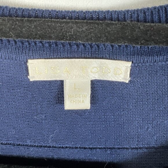 Lisa Todd Exposed Seam Tunic Sweater Crewneck Long‎ Tie Sleeve Cotton Navy Sz L - Picture 4 of 10